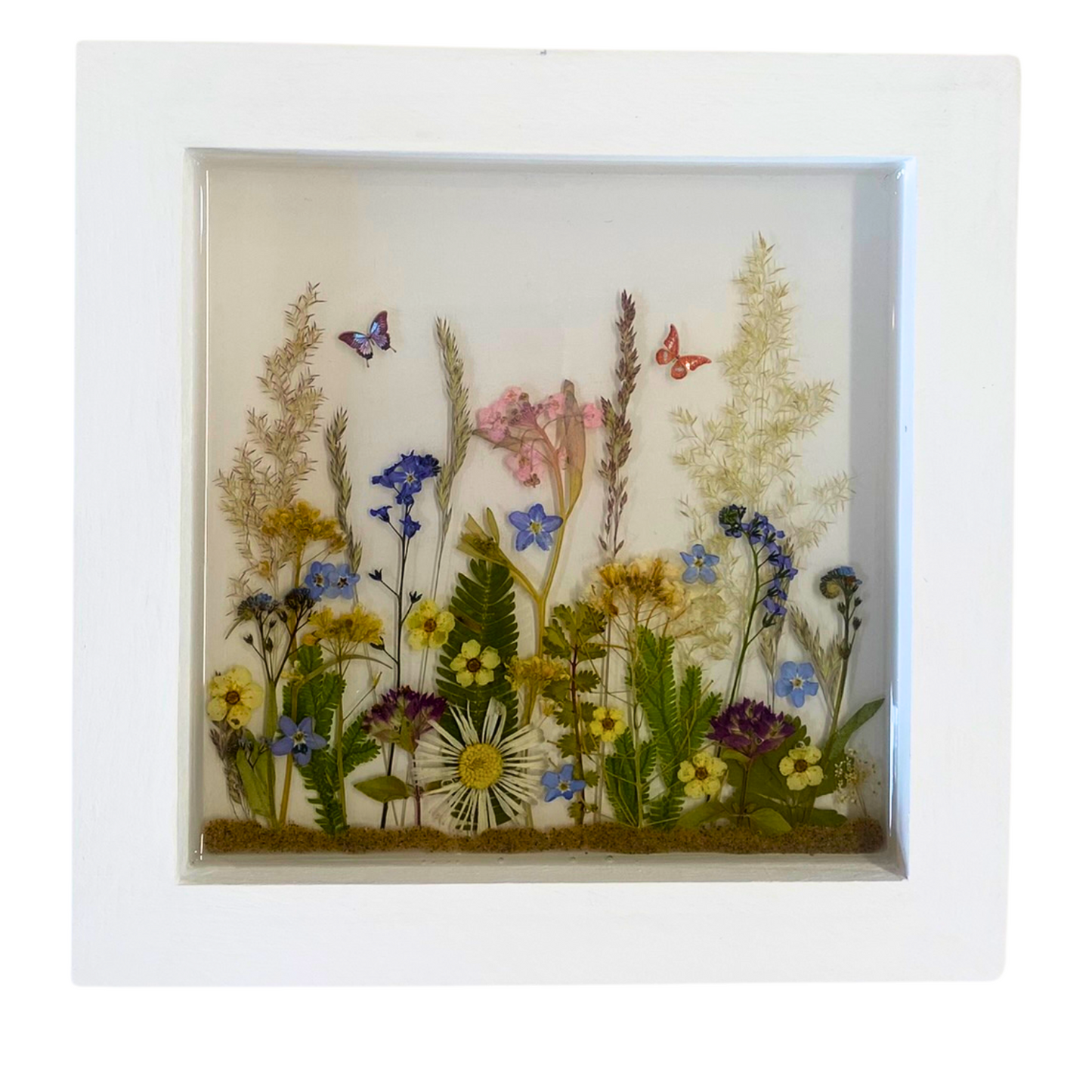 Blumenbild mit echten Trockenblumen - Blüten und Farn, handgemacht in Epoxidharz gegossen