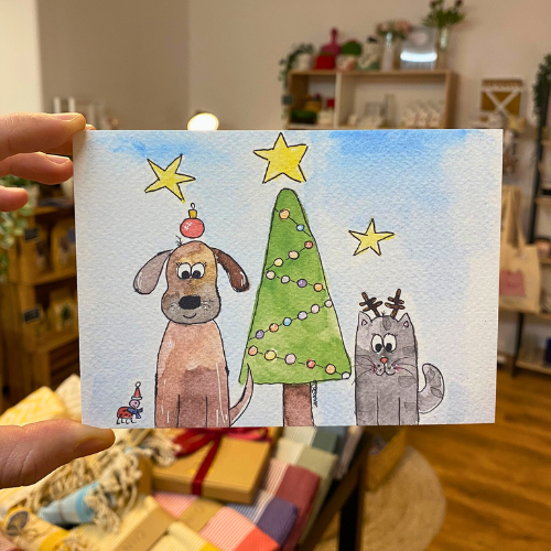 Weihnachtliche Gute Laune Karte Hund und Katze von Wuwu