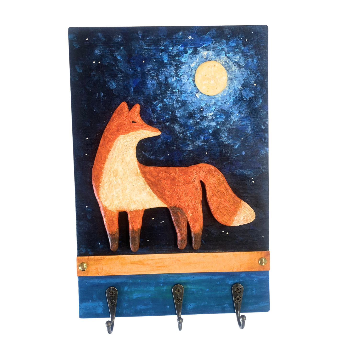 Fuchs-Wandhaken mit leuchtendem Himmel – Naturmotiv auf Holz mit 3 Haken