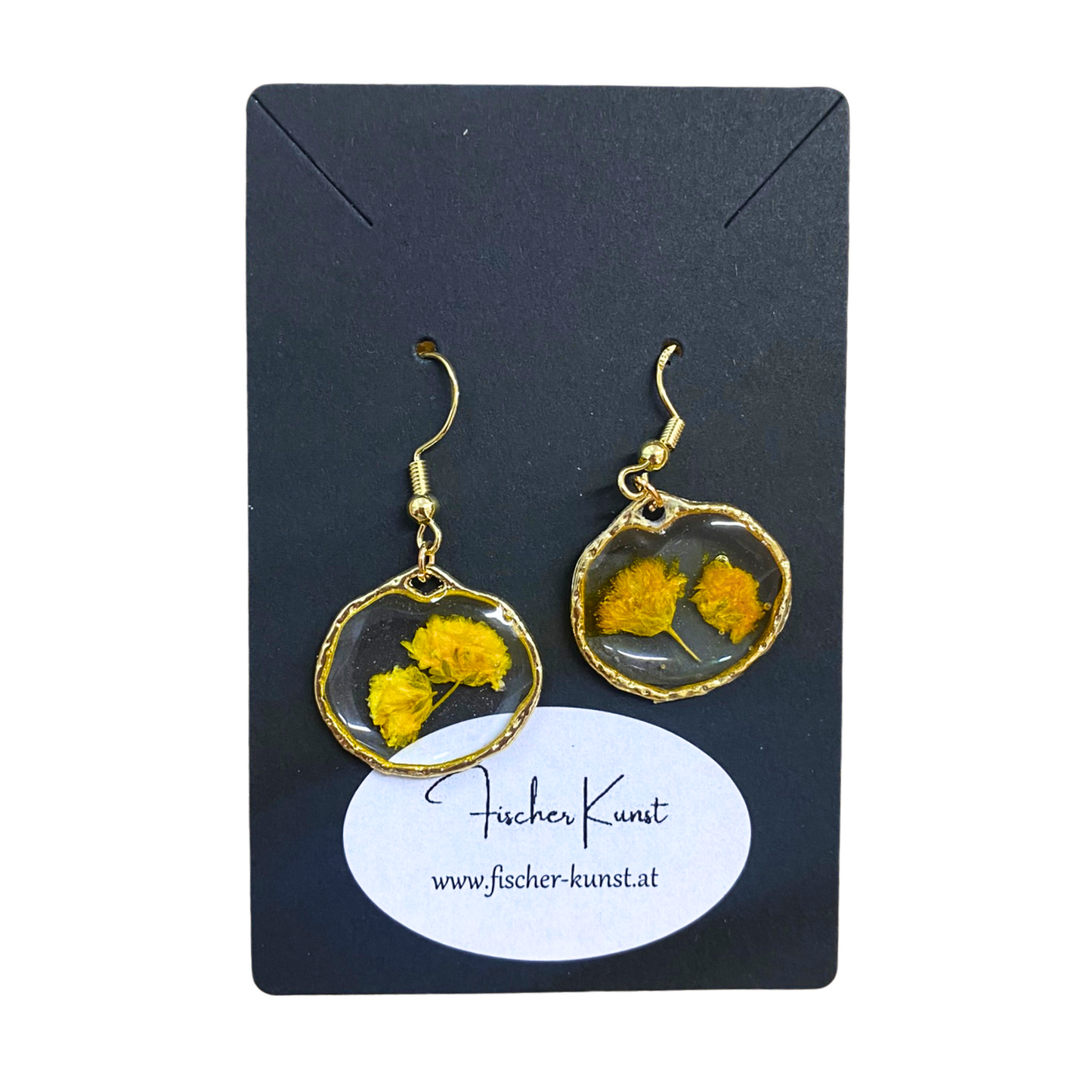 Goldene Ohrringe mit echten gelben Trockenblumen – rundes Design in Kunstharz, handgemacht von Fischer Kunst