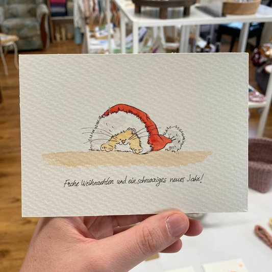 Handbemalte Weihnachtskarte – Katze | Liebevolle Grußkarte & Unikat von books by yen