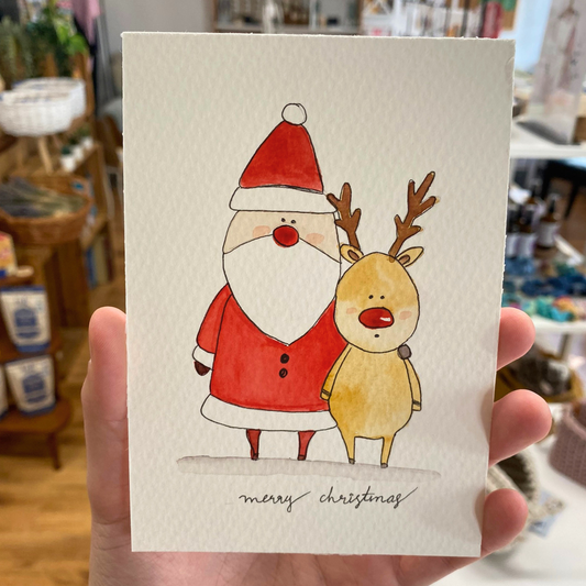 Handbemalte Weihnachtskarte – Santa und Rudolf | Liebevolle Grußkarte & Unikat von books by yen