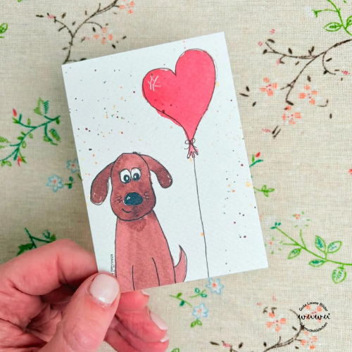 Hund mit Herzballon - Grußkarte mit Kuvert von Wuwu